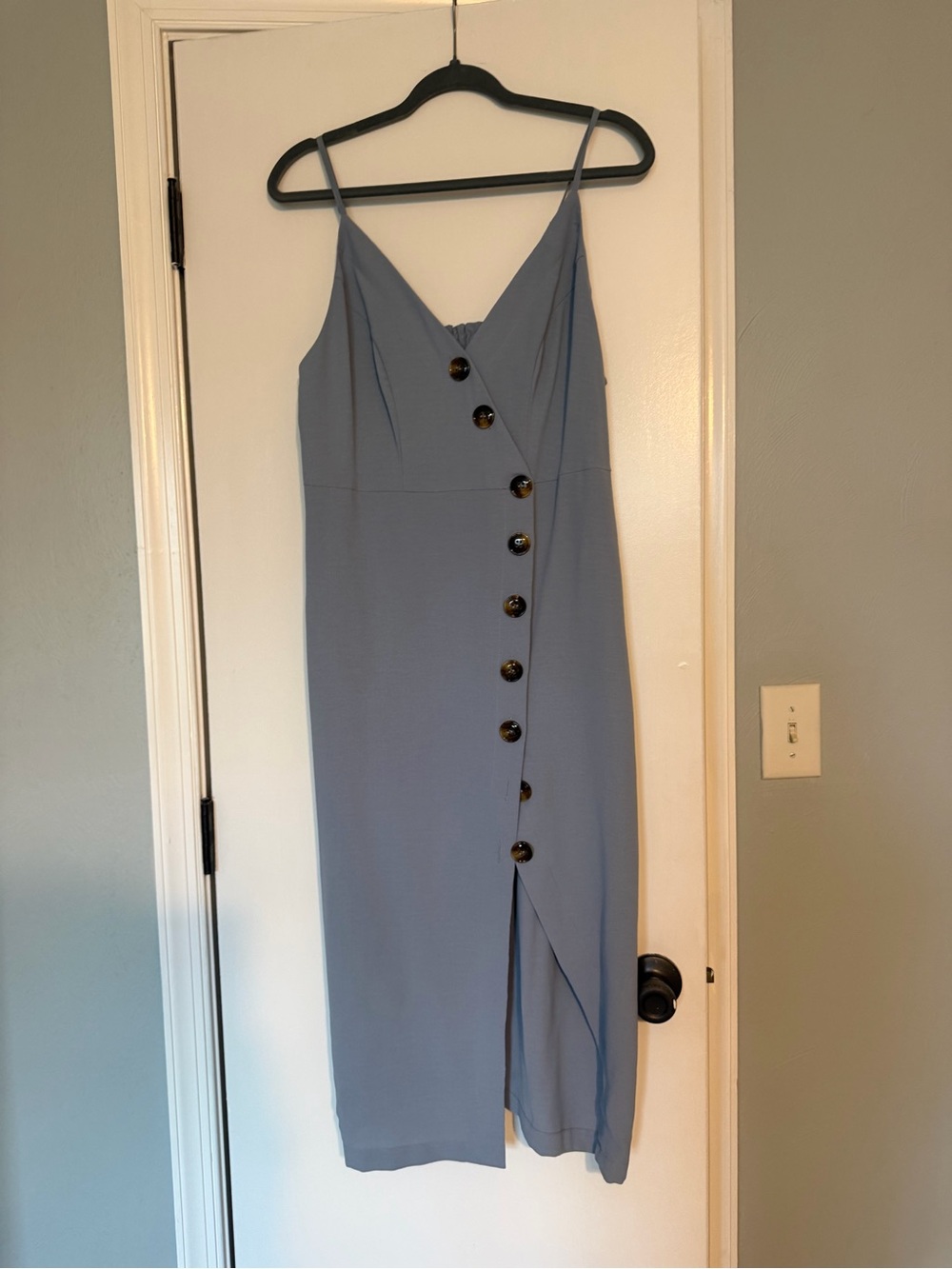 Spaghetti-Strap Slate Blue Midi Dress with Asymmetrical Button Front